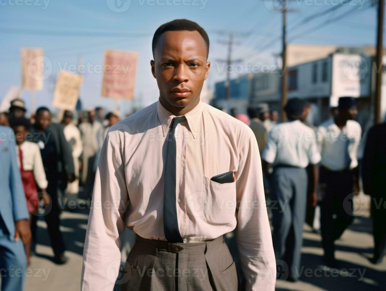 historisch gekleurde foto van een Mens leidend een protest ai generatief