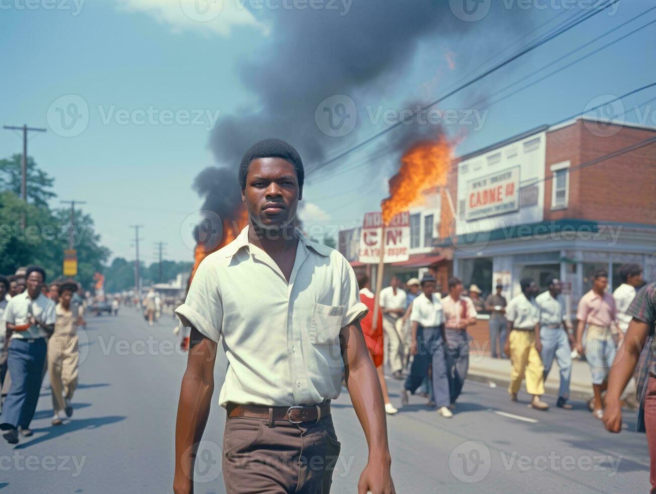 historisch gekleurde foto van een Mens leidend een protest ai generatief