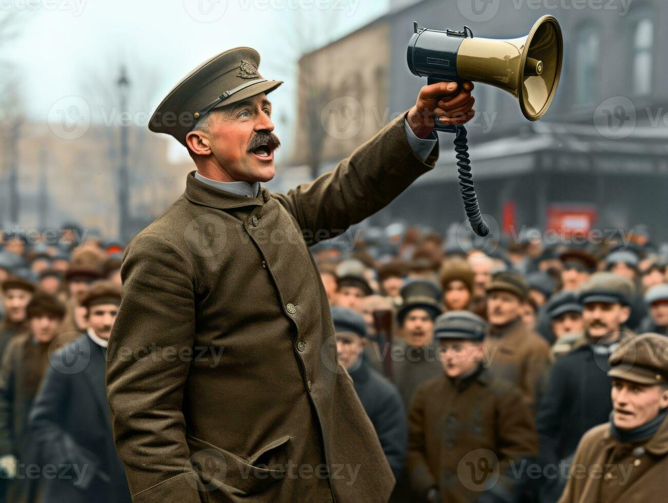 historisch gekleurde foto van een Mens leidend een protest ai generatief