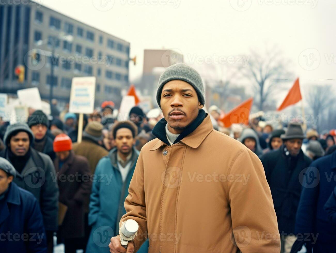 historisch gekleurde foto van een Mens leidend een protest ai generatief