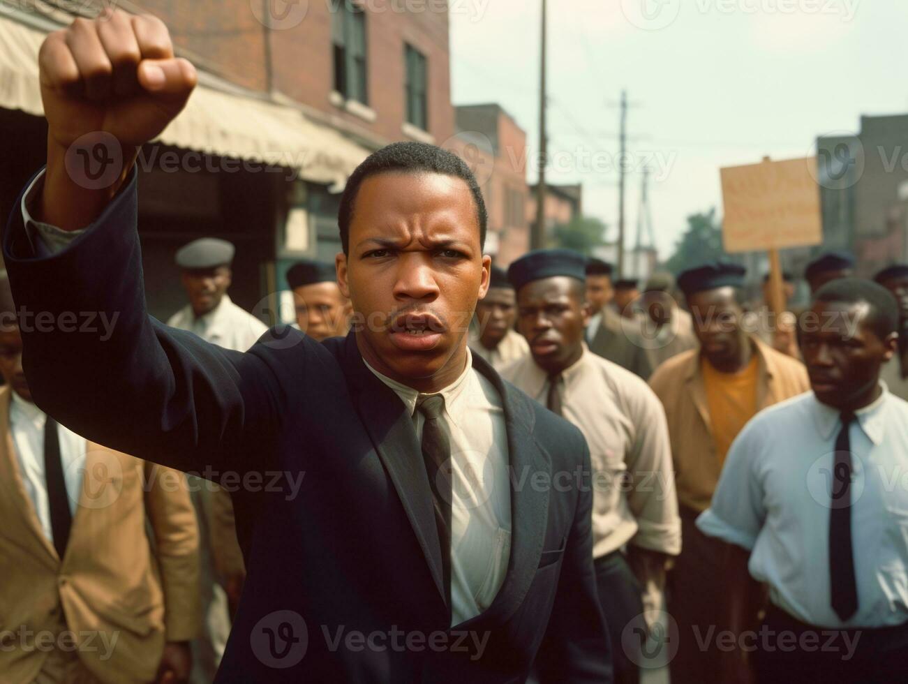 historisch gekleurde foto van een Mens leidend een protest ai generatief