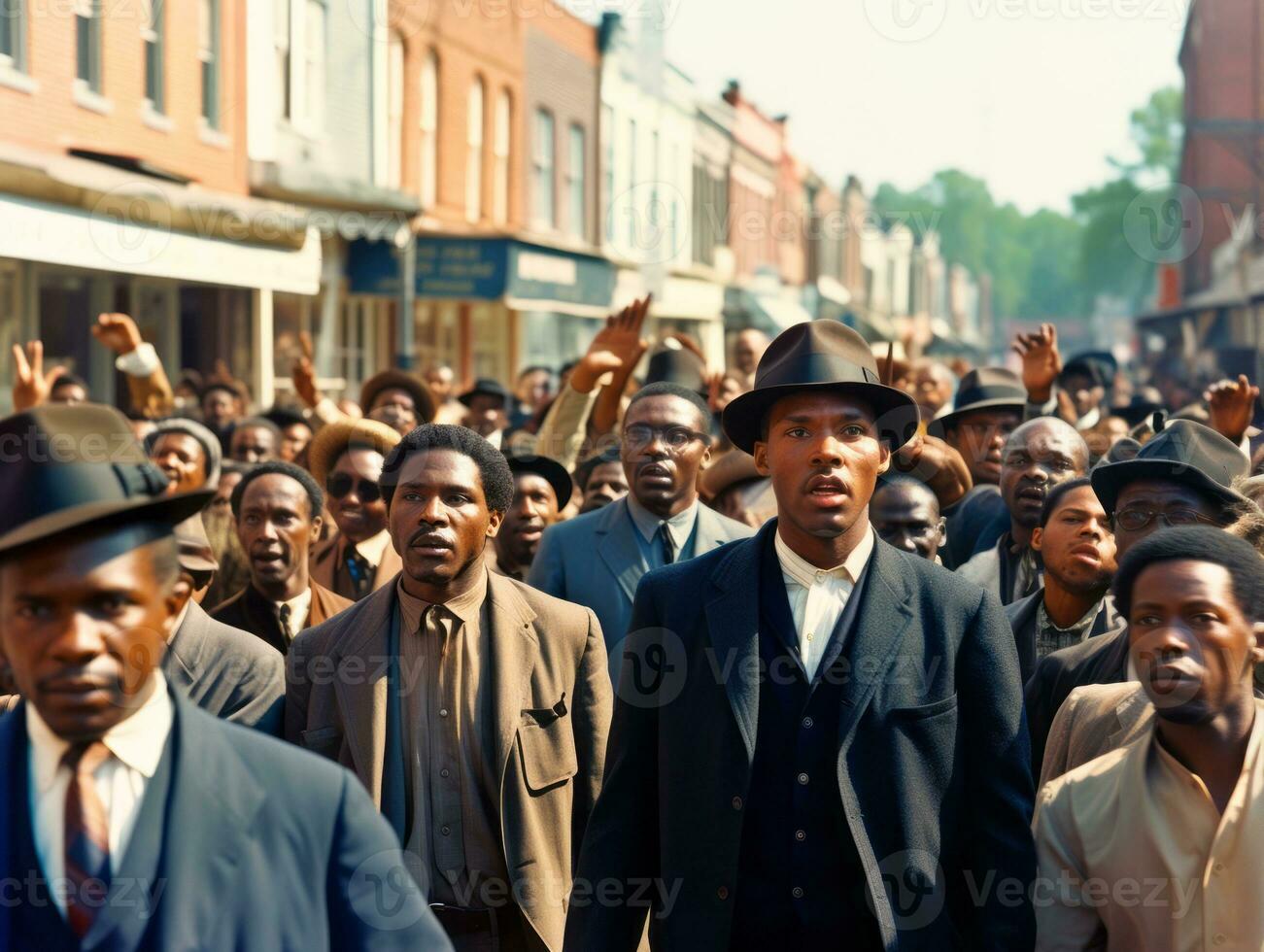 historisch gekleurde foto van een Mens leidend een protest ai generatief