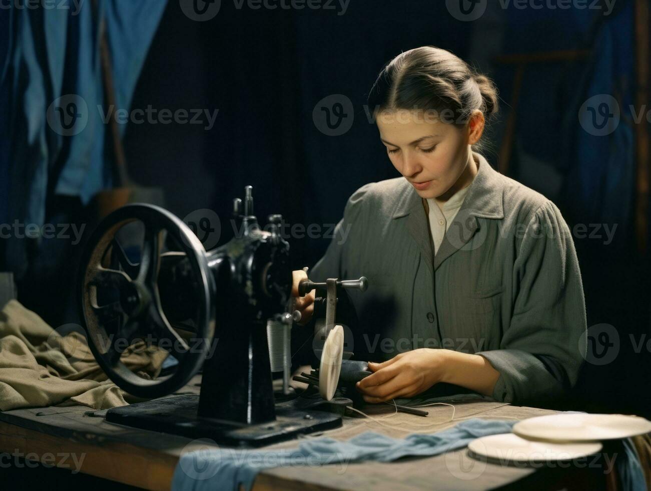 historisch gekleurde foto van een dames dagelijks werk in de Verleden ai generatief