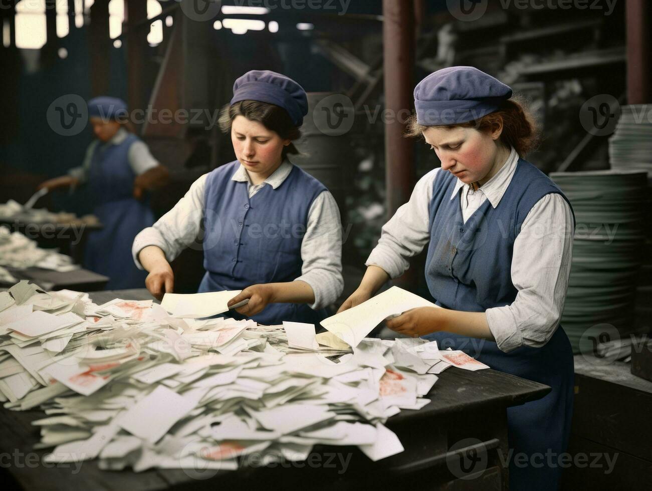 historisch gekleurde foto van een dames dagelijks werk in de Verleden ai generatief