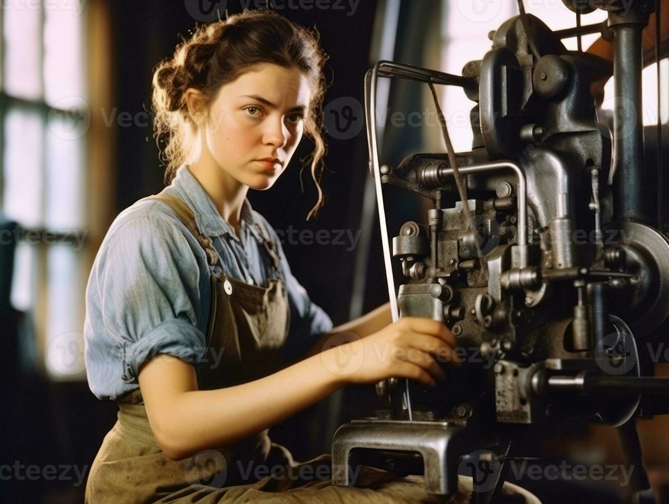 historisch gekleurde foto van een dames dagelijks werk in de Verleden ai generatief