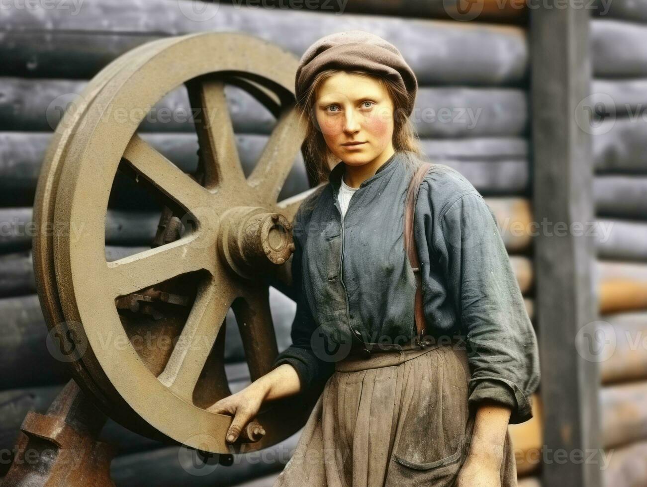 historisch gekleurde foto van een dames dagelijks werk in de Verleden ai generatief