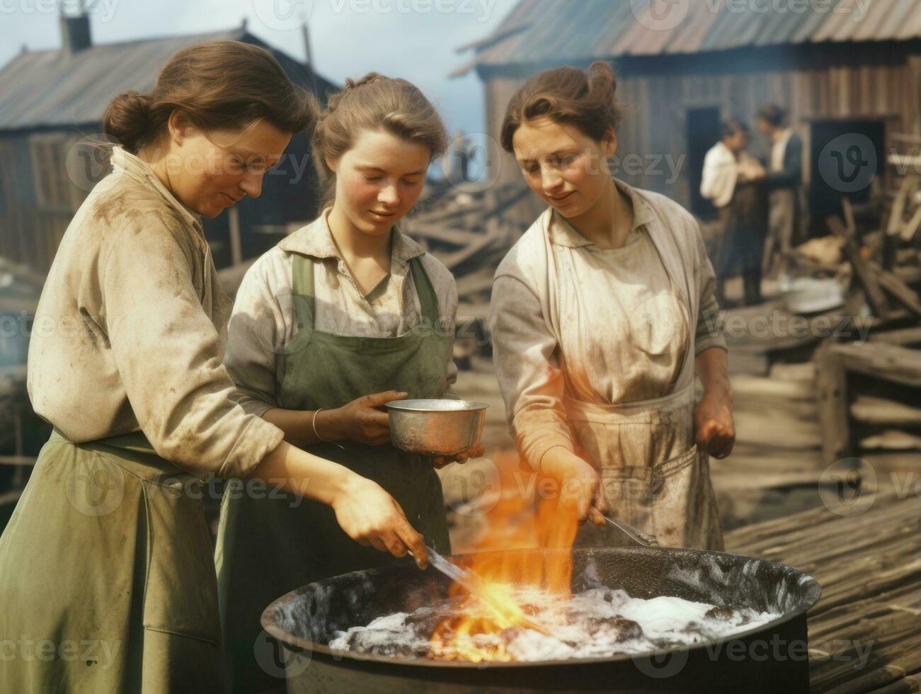 historisch gekleurde foto van een dames dagelijks werk in de Verleden ai generatief