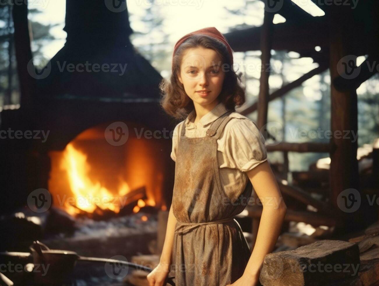 historisch gekleurde foto van een dames dagelijks werk in de Verleden ai generatief