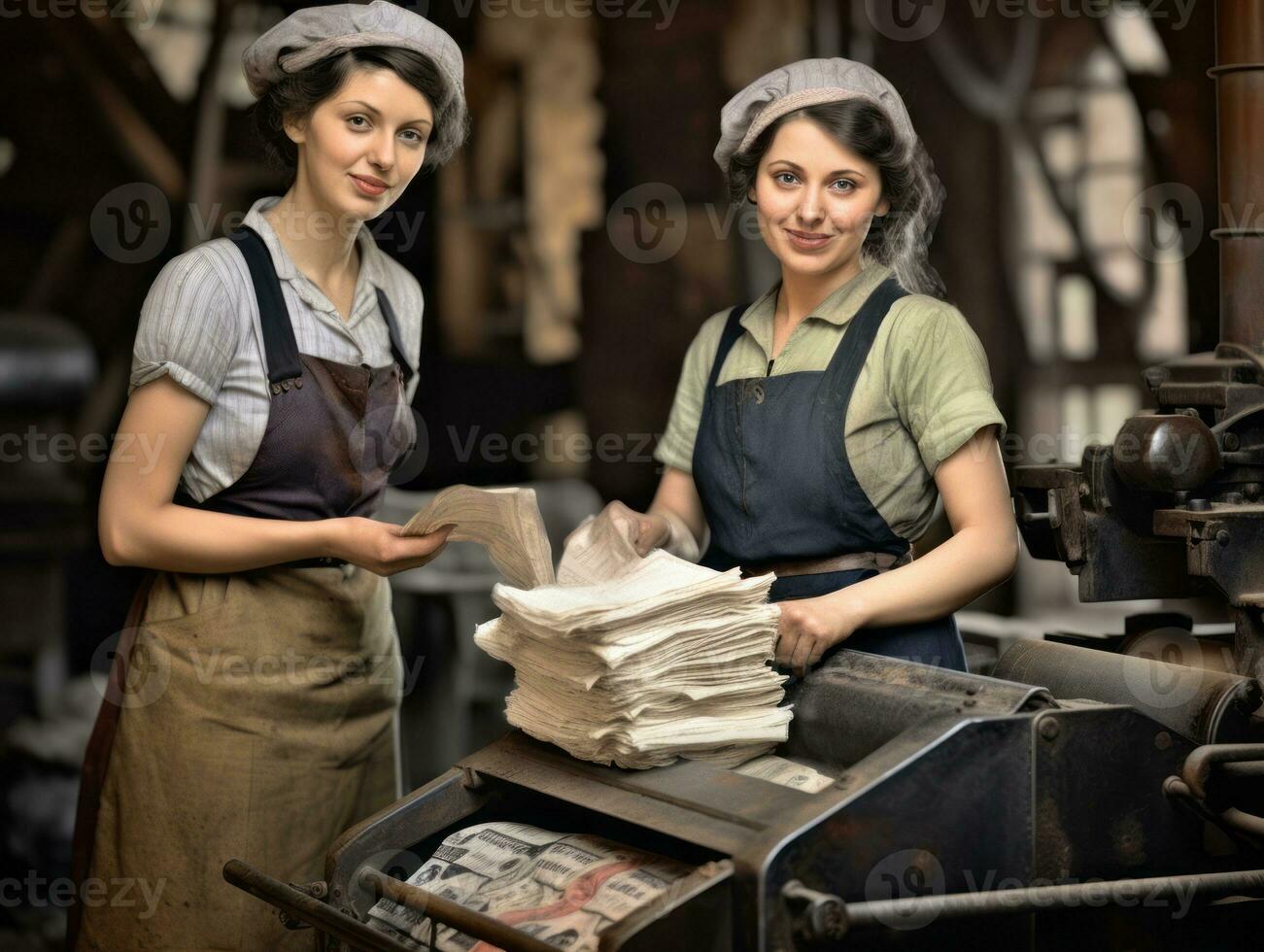 historisch gekleurde foto van een dames dagelijks werk in de Verleden ai generatief