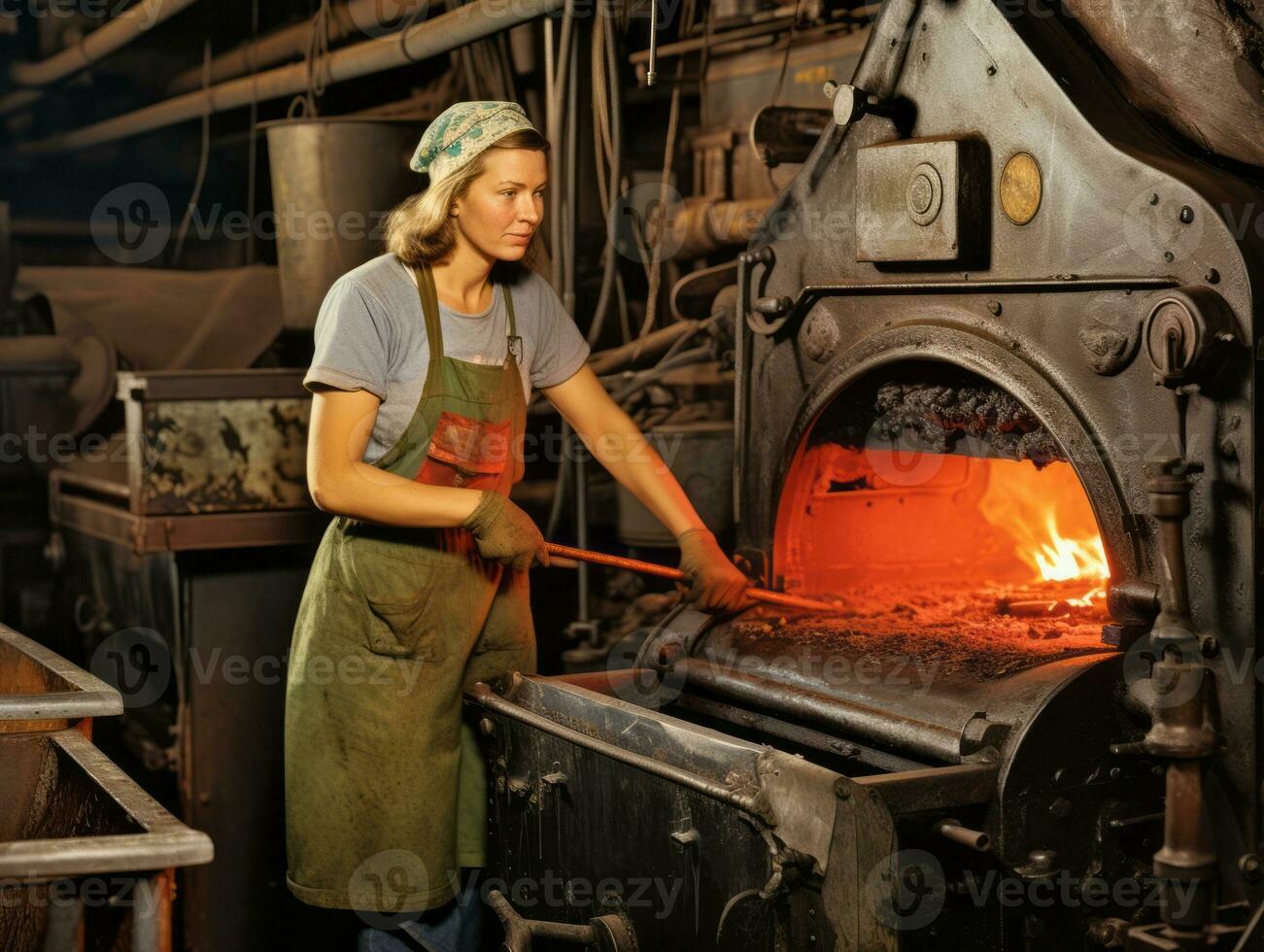 historisch gekleurde foto van een dames dagelijks werk in de Verleden ai generatief