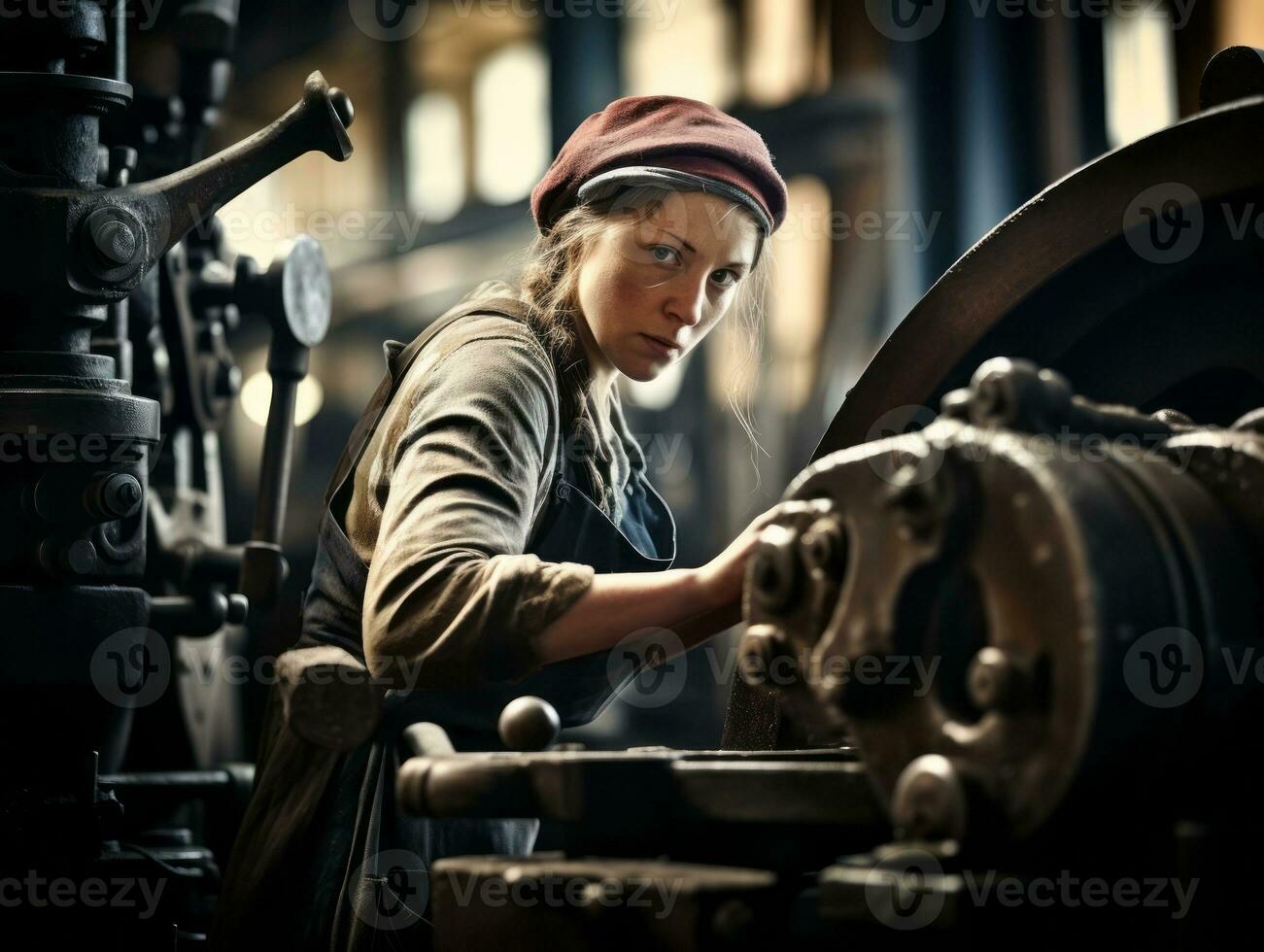 historisch gekleurde foto van een dames dagelijks werk in de Verleden ai generatief