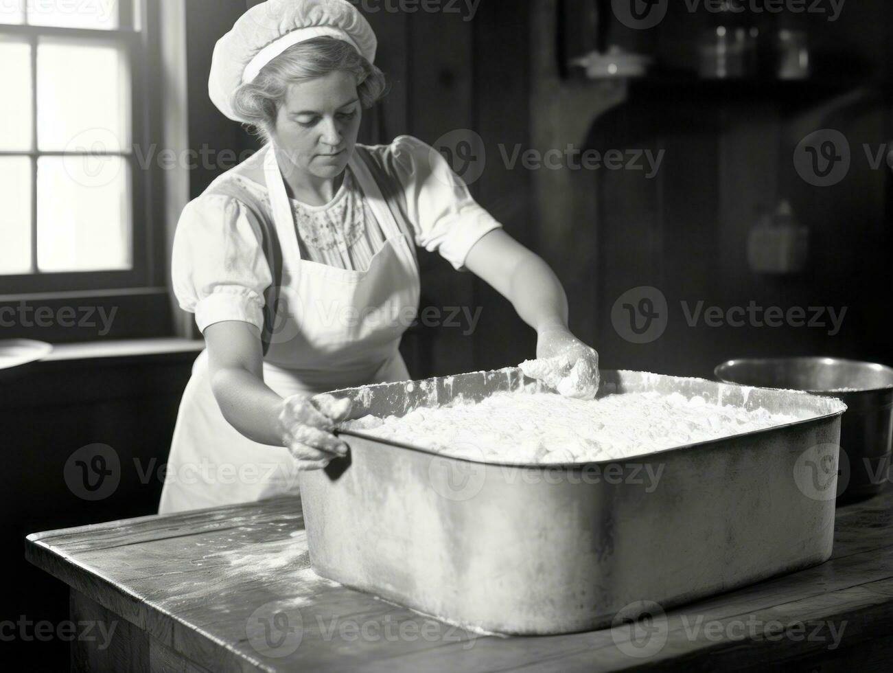 historisch gekleurde foto van een dames dagelijks werk in de Verleden ai generatief