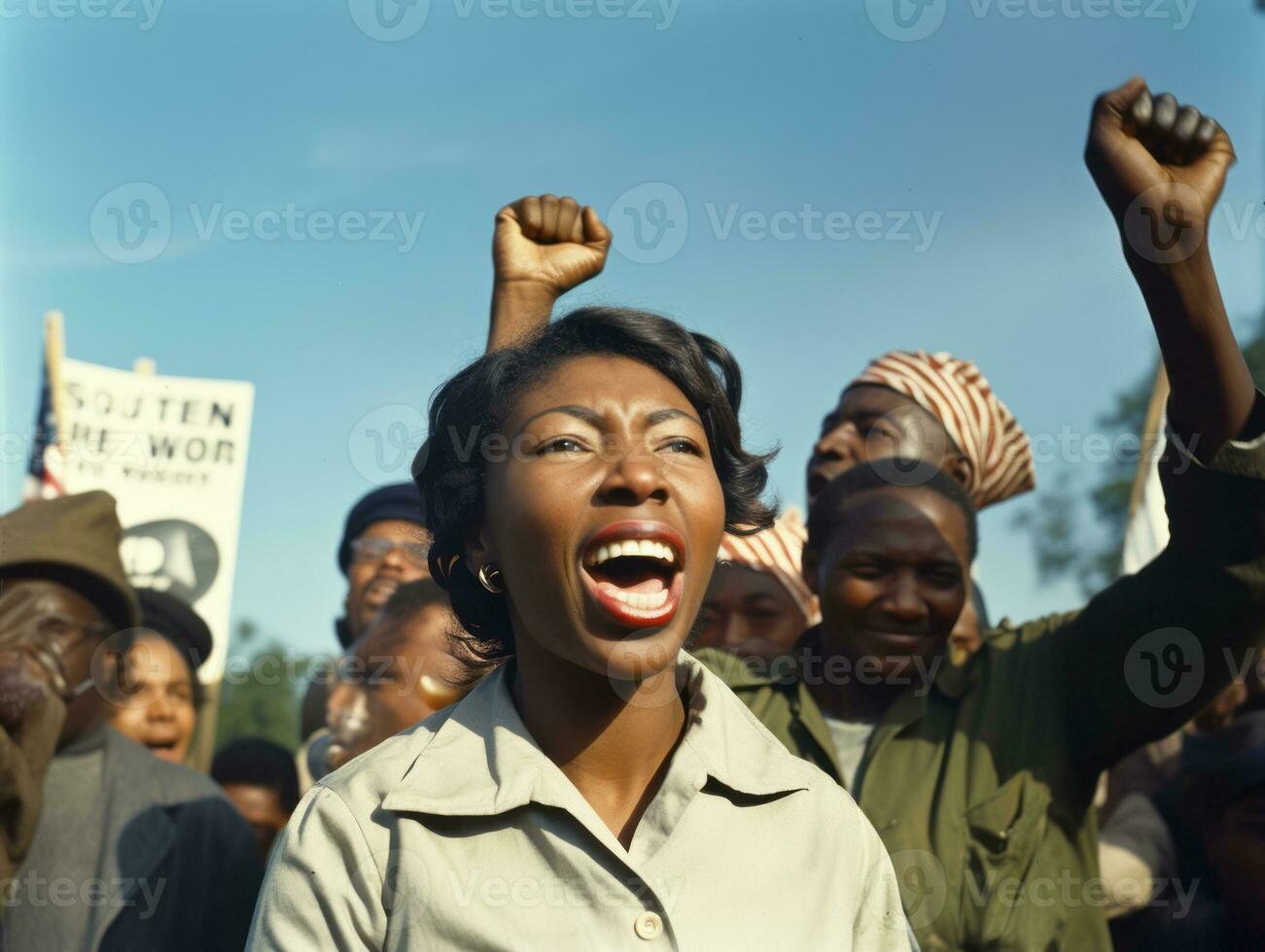 historisch gekleurde foto van een vrouw leidend een protest ai generatief
