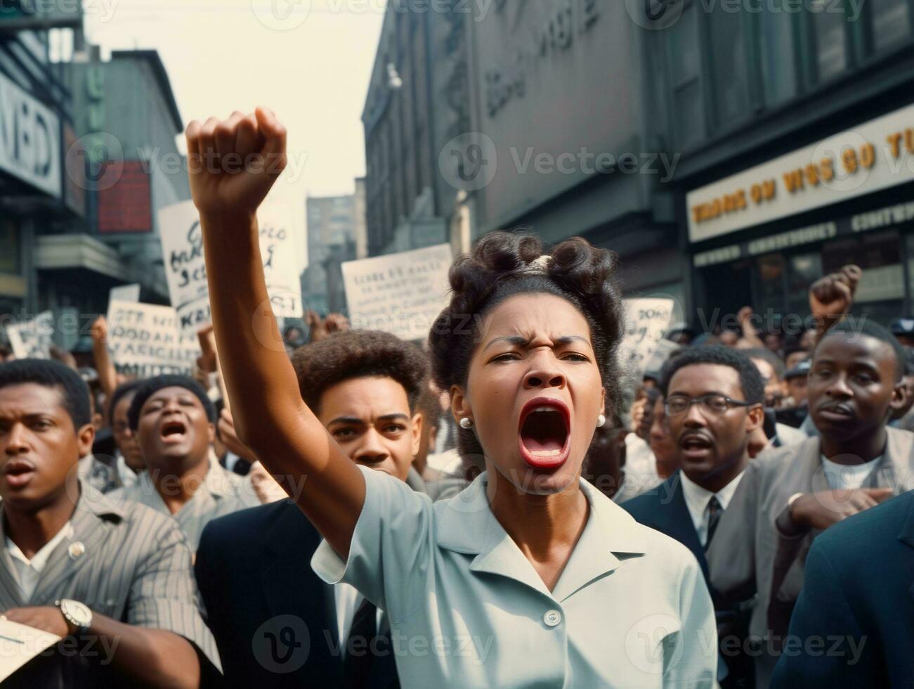 historisch gekleurde foto van een vrouw leidend een protest ai generatief