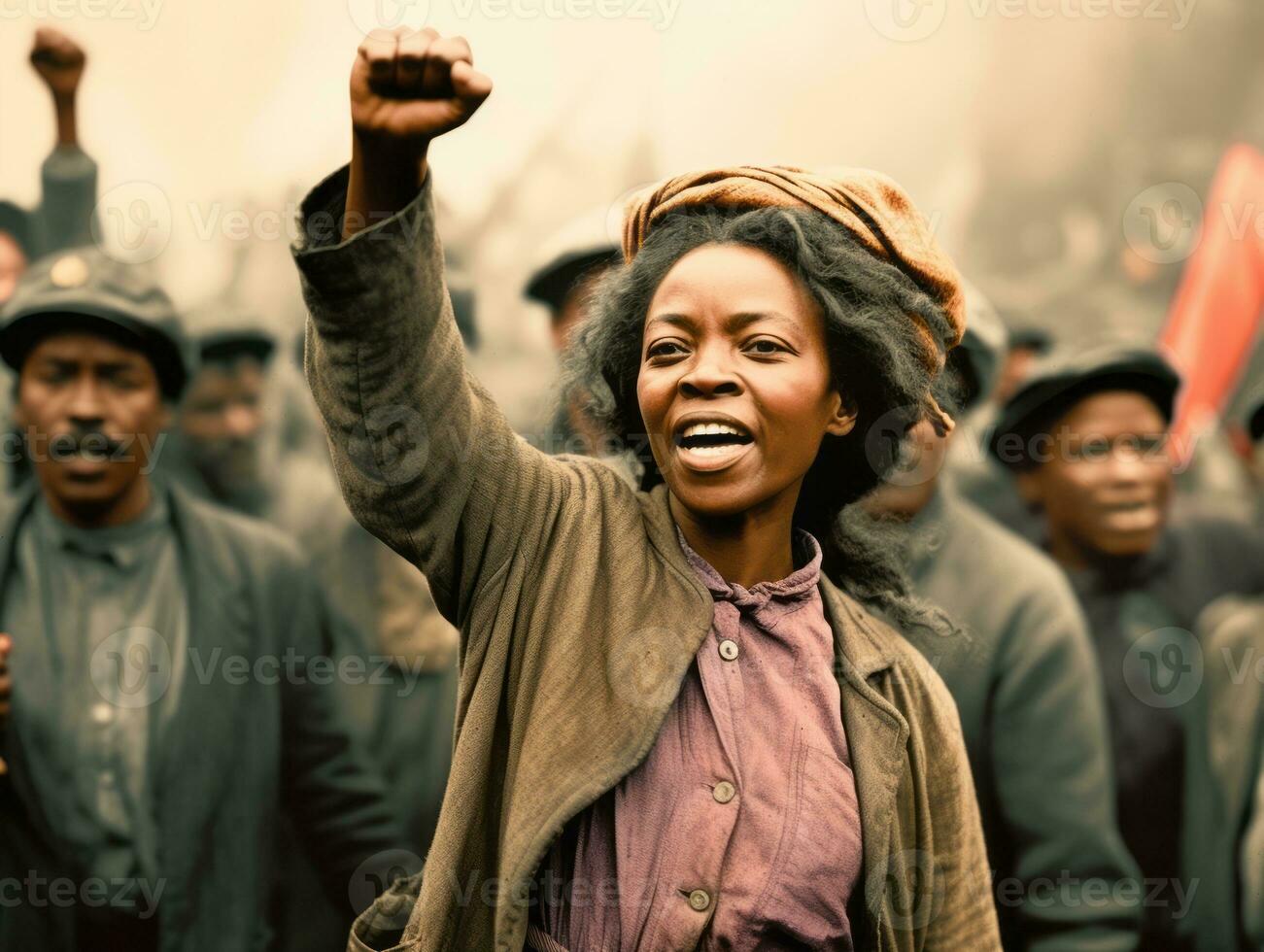 historisch gekleurde foto van een vrouw leidend een protest ai generatief