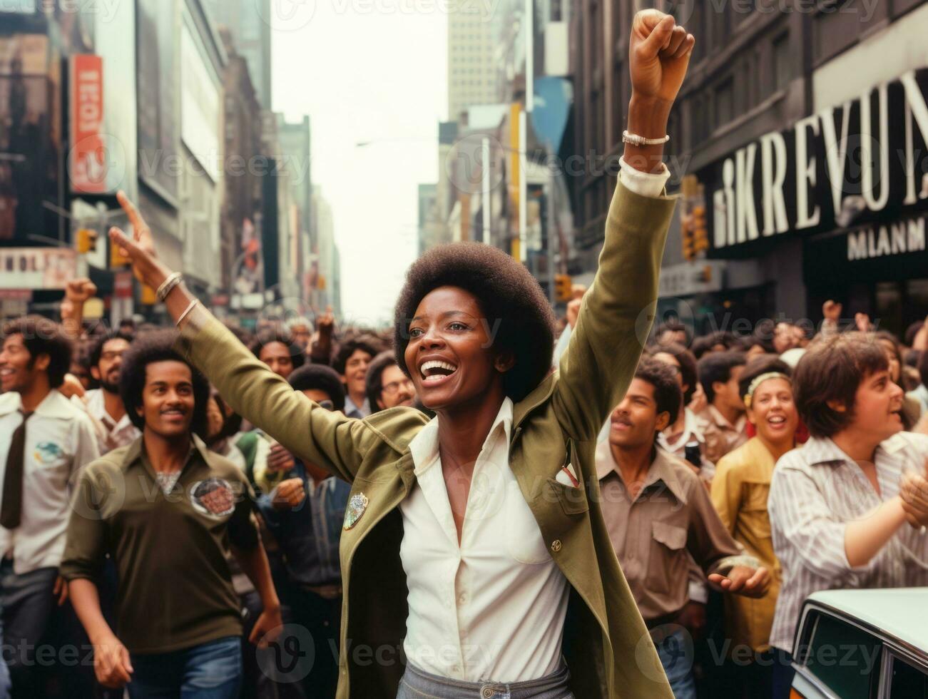 historisch gekleurde foto van een vrouw leidend een protest ai generatief