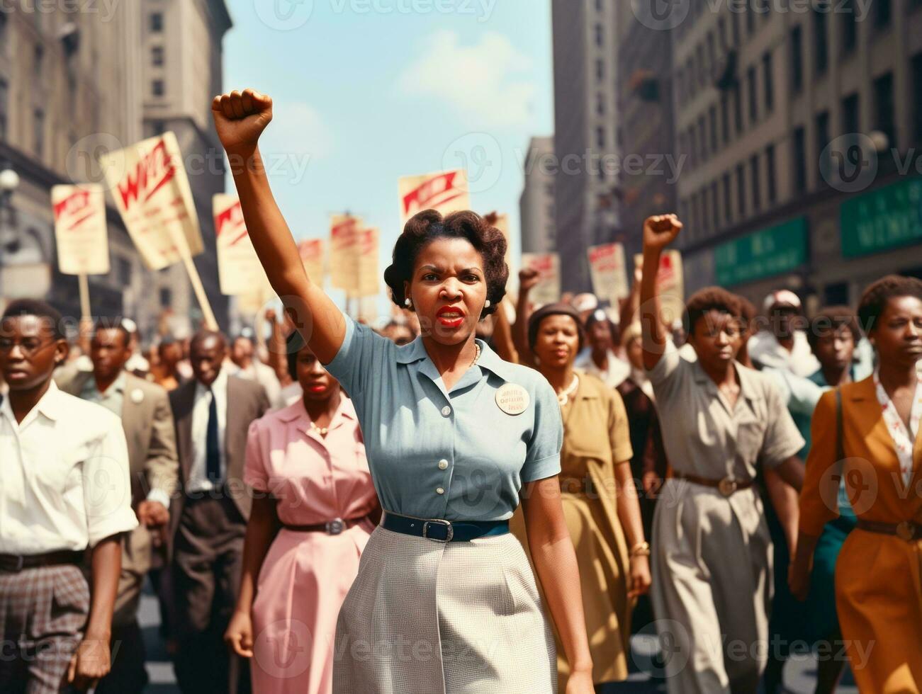 historisch gekleurde foto van een vrouw leidend een protest ai generatief