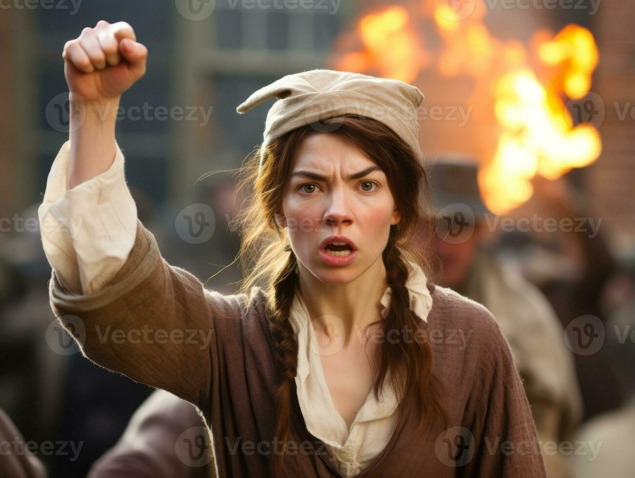 historisch gekleurde foto van een vrouw leidend een protest ai generatief