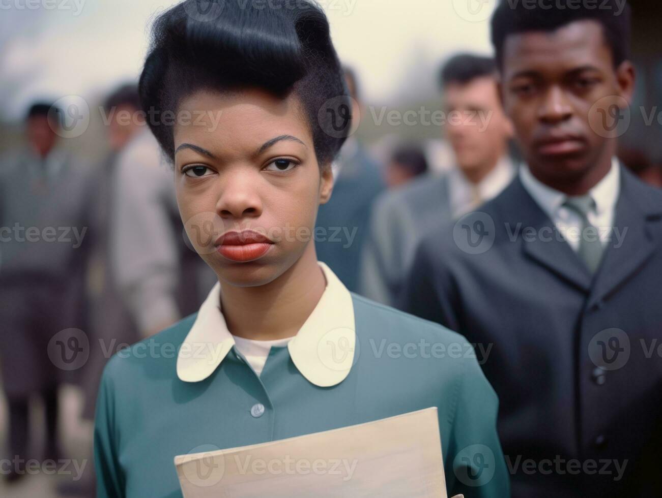 historisch gekleurde foto van een vrouw leidend een protest ai generatief