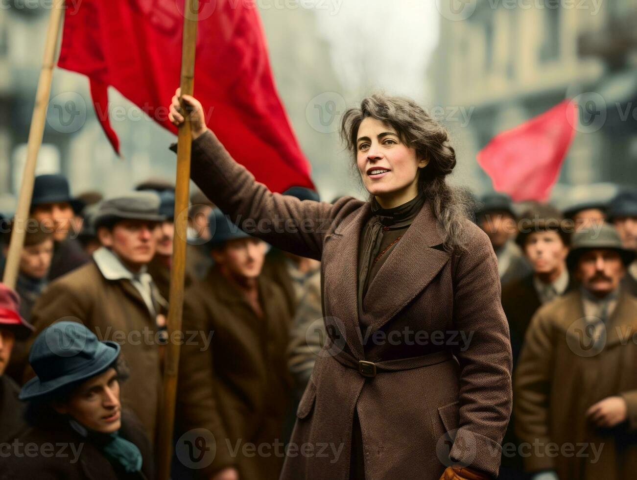 historisch gekleurde foto van een vrouw leidend een protest ai generatief