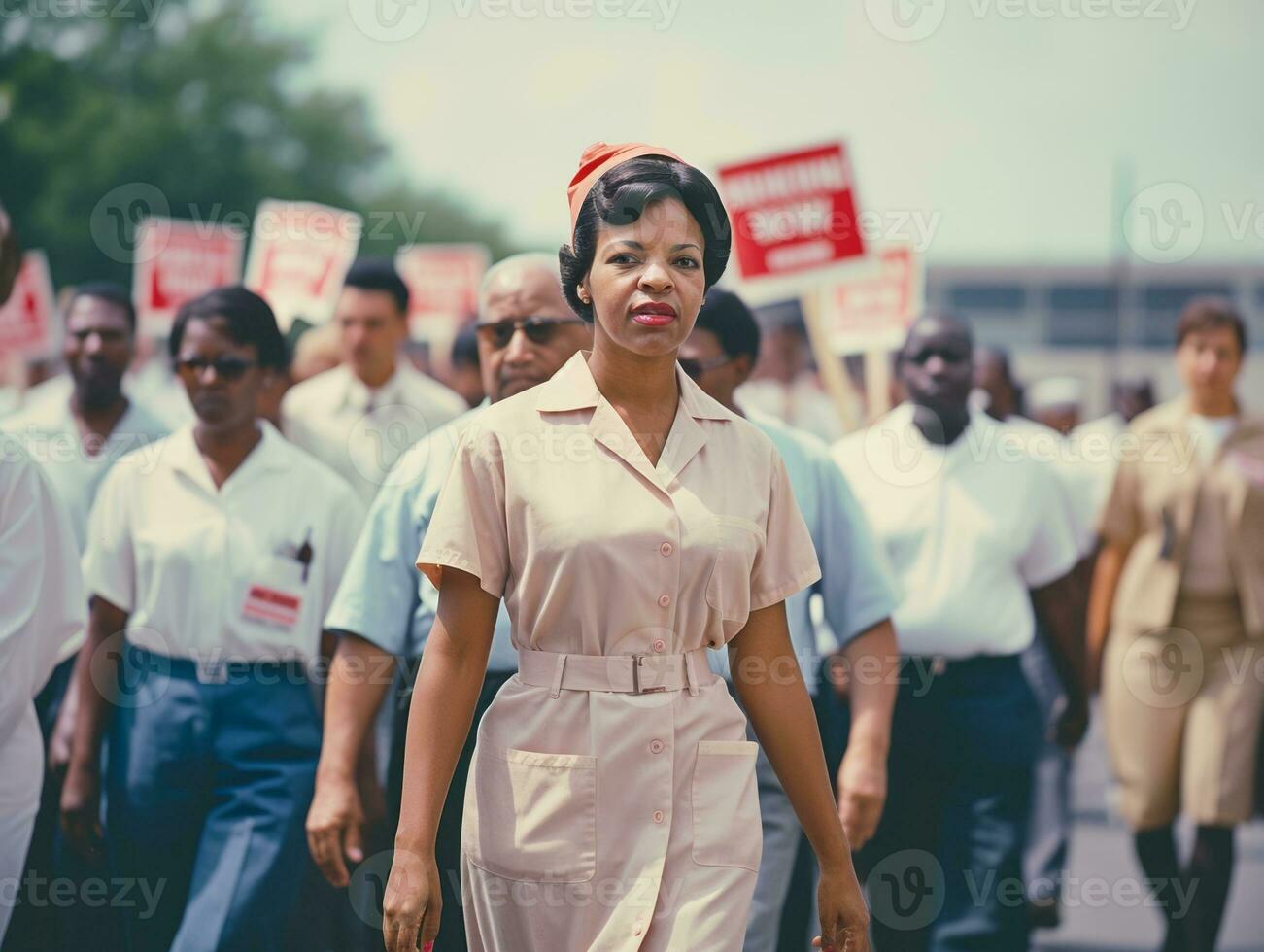 historisch gekleurde foto van een vrouw leidend een protest ai generatief