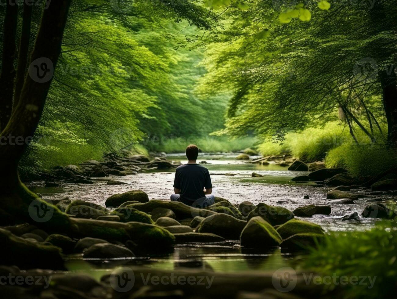 Mens mediteren in de boezem van natuur ai generatief foto