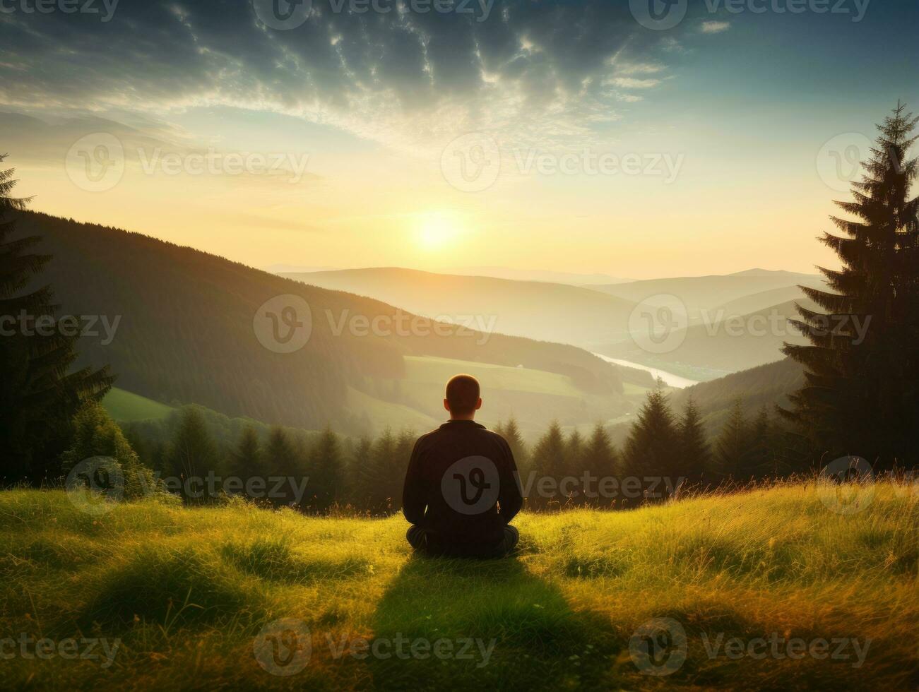 Mens mediteren in de boezem van natuur ai generatief foto