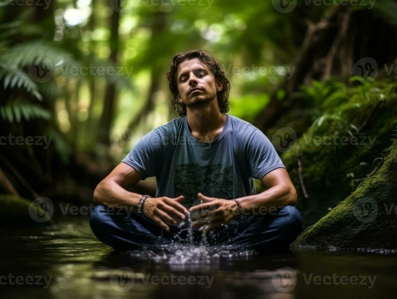 Mens mediteren in de boezem van natuur ai generatief foto