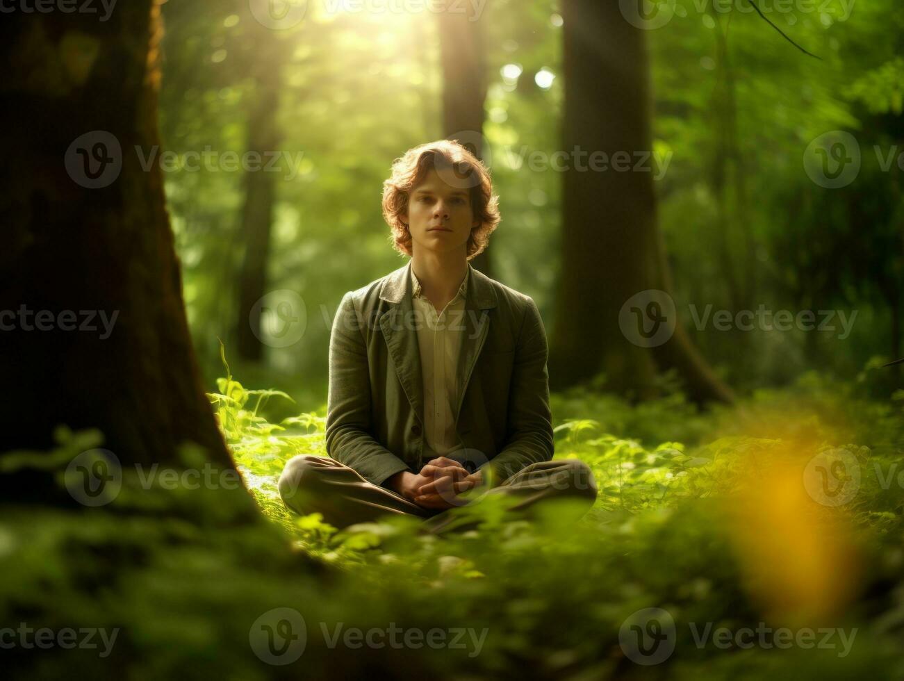 Mens mediteren in de boezem van natuur ai generatief foto