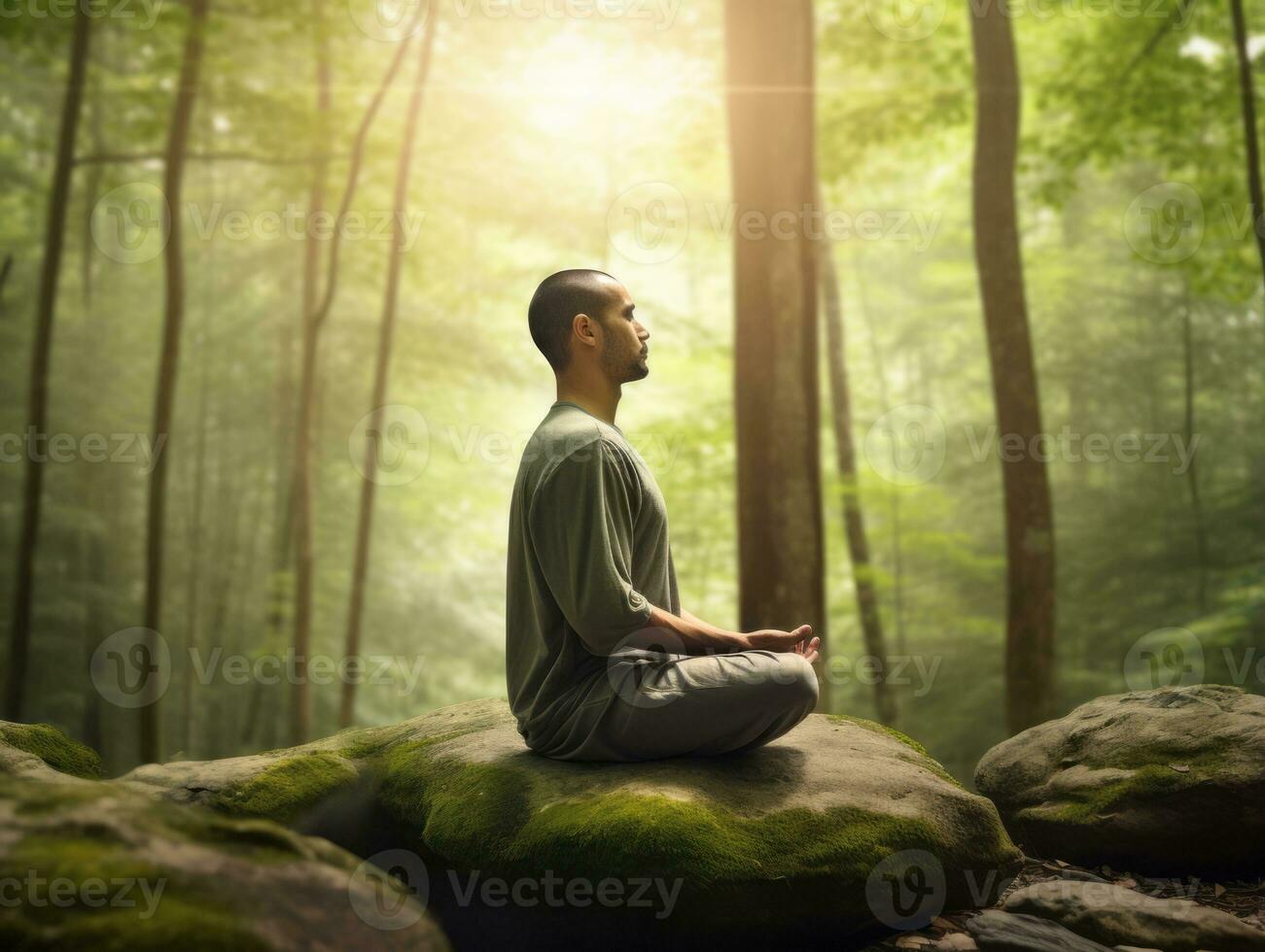 Mens mediteren in de boezem van natuur ai generatief foto