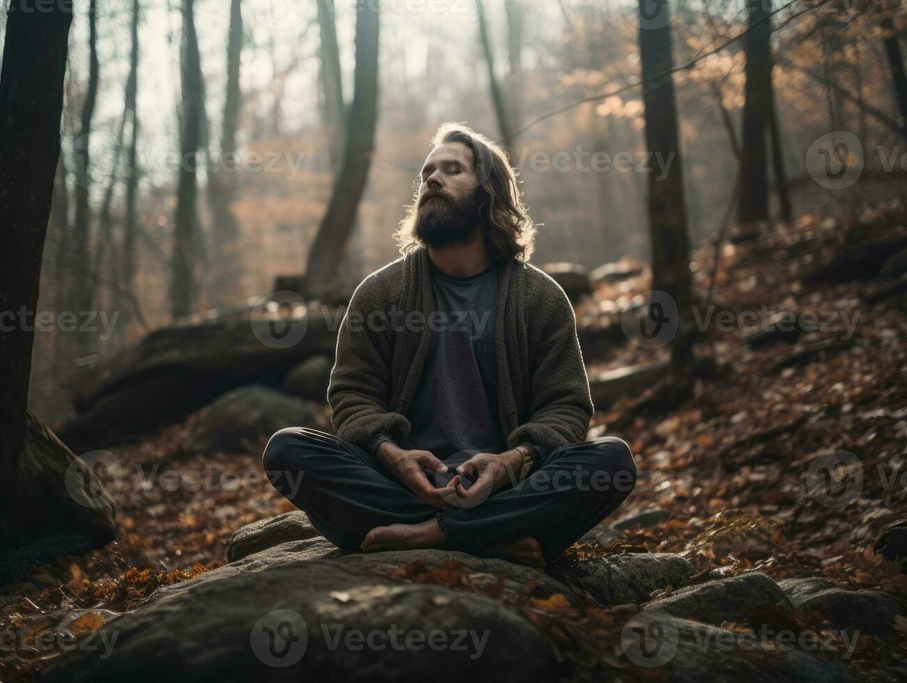 Mens mediteren in de boezem van natuur ai generatief foto