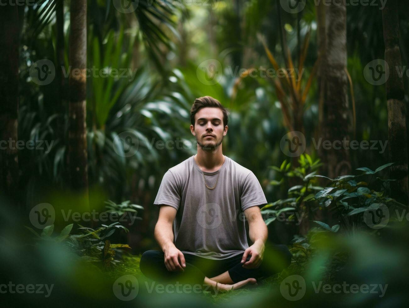 Mens mediteren in de boezem van natuur ai generatief foto