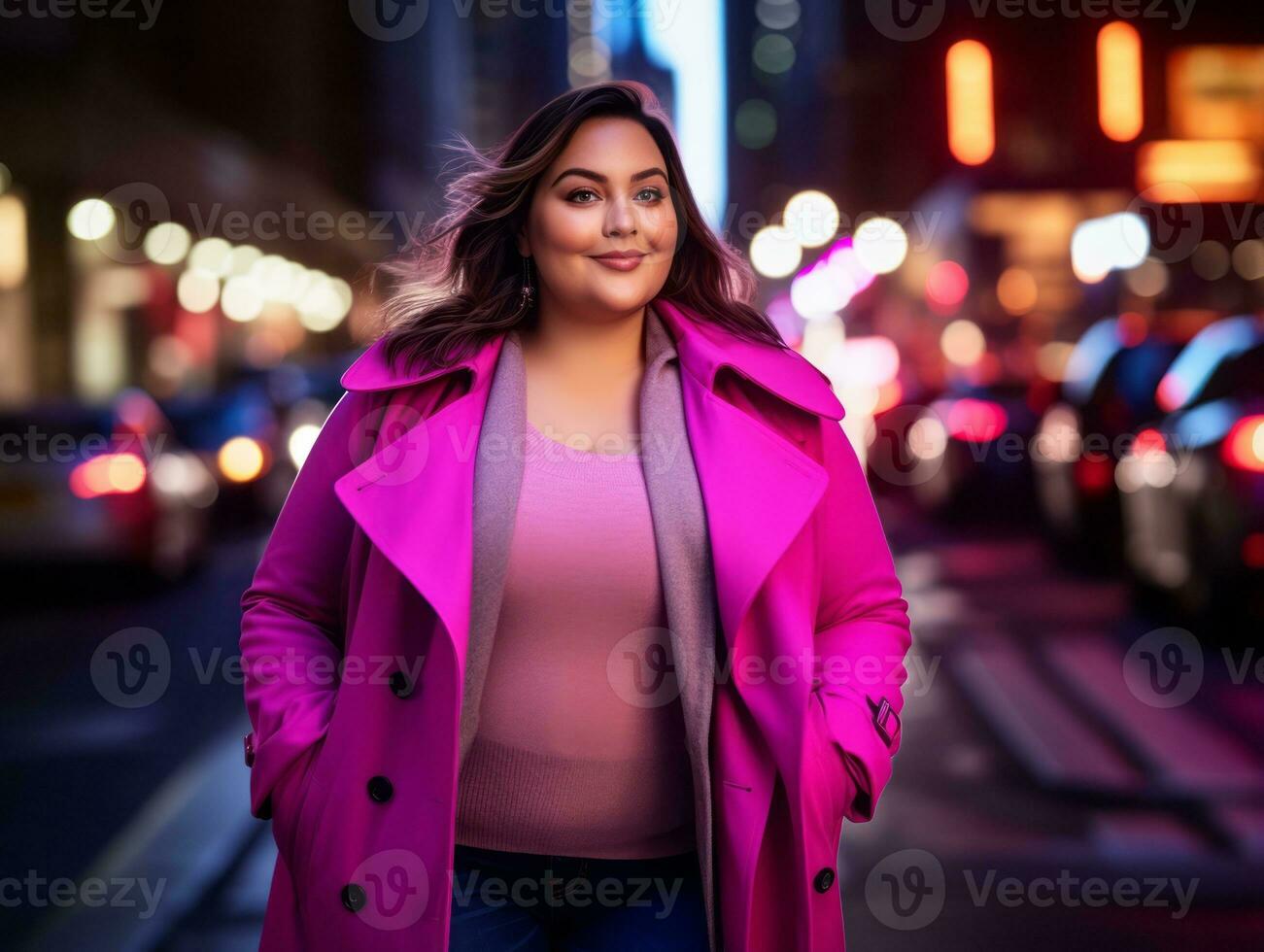 plus grootte vrouw wandelen vol vertrouwen door de levendig neon lit straten ai generatief foto