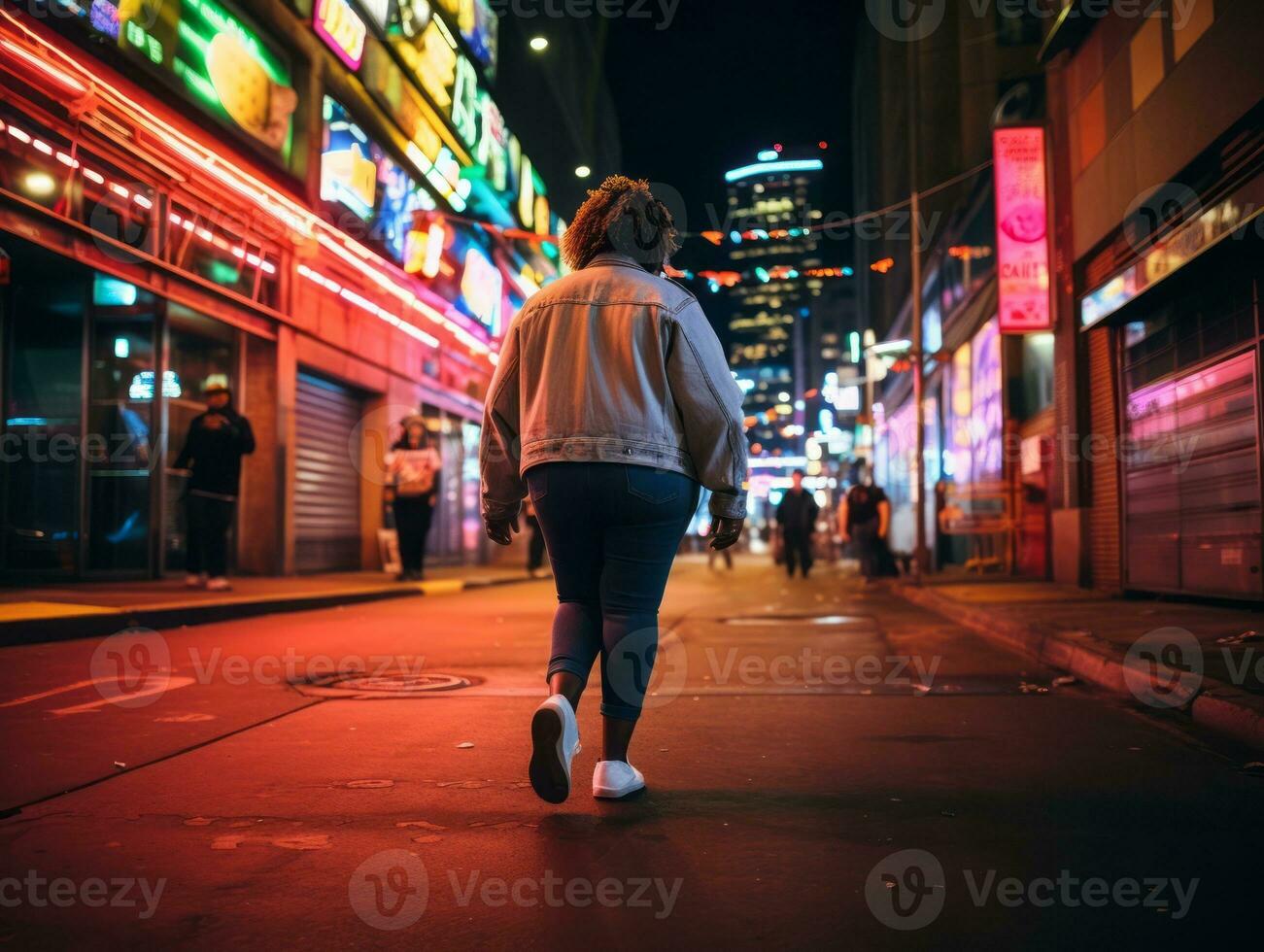 plus grootte vrouw wandelen vol vertrouwen door de levendig neon lit straten ai generatief foto