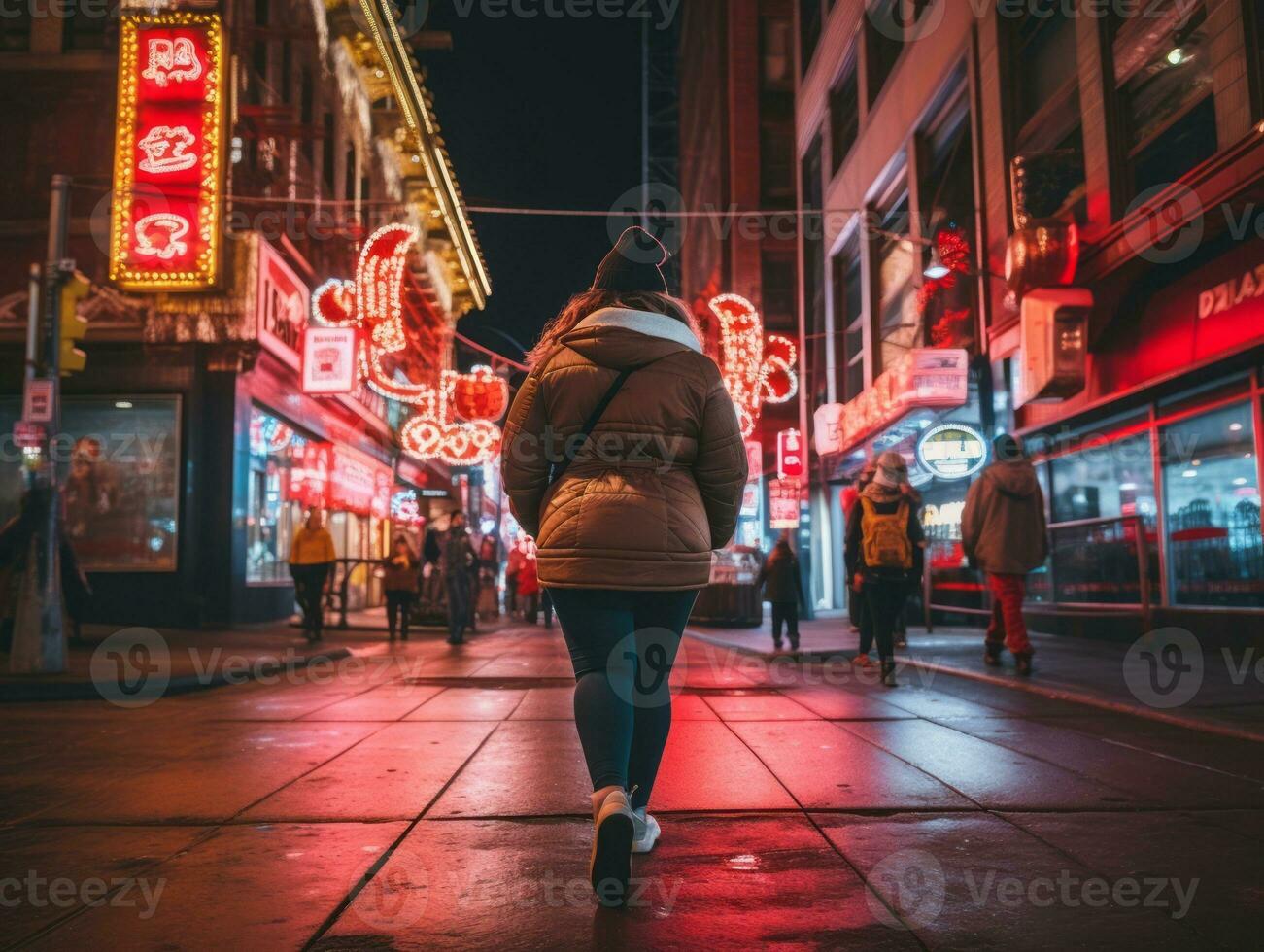 plus grootte vrouw wandelen vol vertrouwen door de levendig neon lit straten ai generatief foto