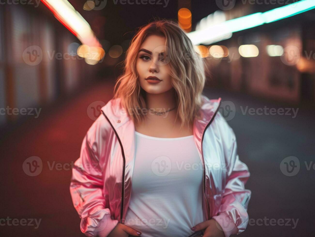 plus grootte vrouw wandelen vol vertrouwen door de levendig neon lit straten ai generatief foto