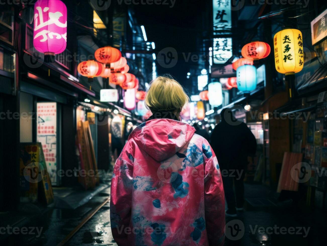 plus grootte vrouw wandelen vol vertrouwen door de levendig neon lit straten ai generatief foto