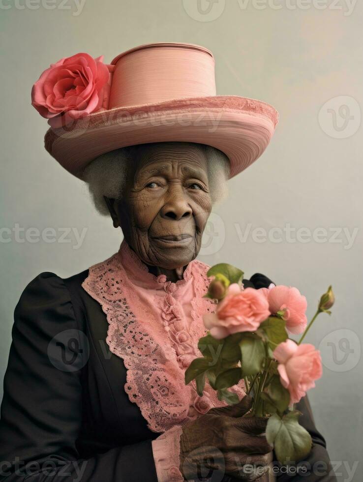 oud gekleurde fotograaf van een zwart vrouw van de vroeg jaren 1900 ai generatief foto