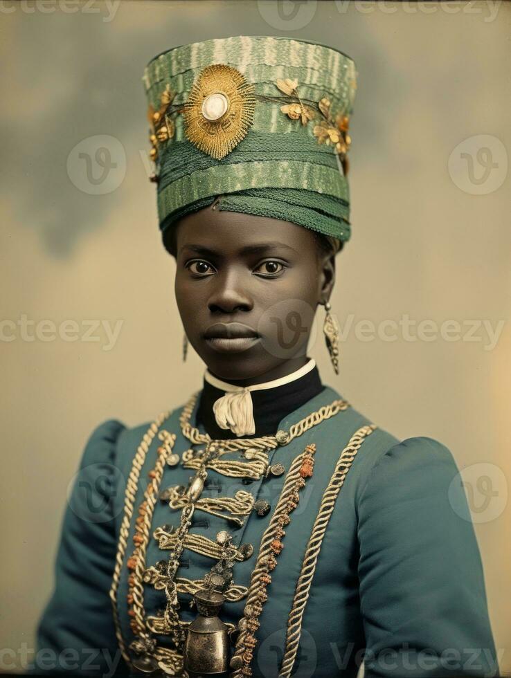 oud gekleurde fotograaf van een zwart vrouw van de vroeg jaren 1900 ai generatief foto