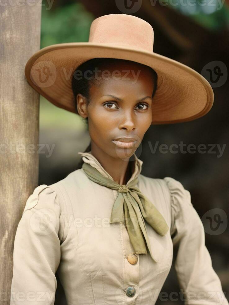 oud gekleurde fotograaf van een zwart vrouw van de vroeg jaren 1900 ai generatief foto