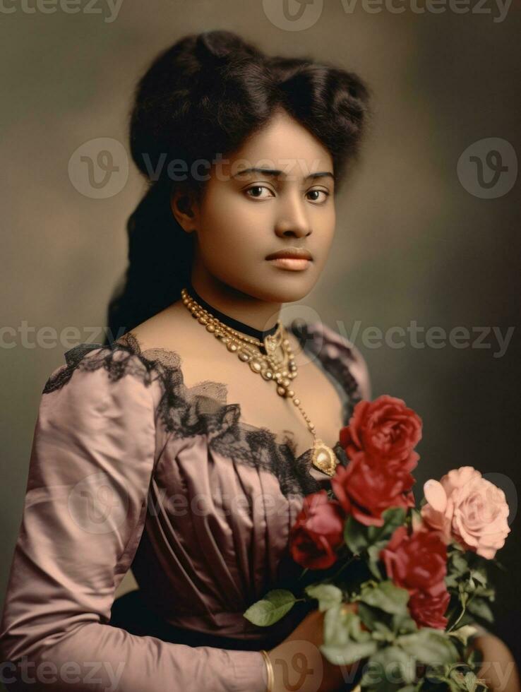 oud gekleurde fotograaf van een zwart vrouw van de vroeg jaren 1900 ai generatief foto