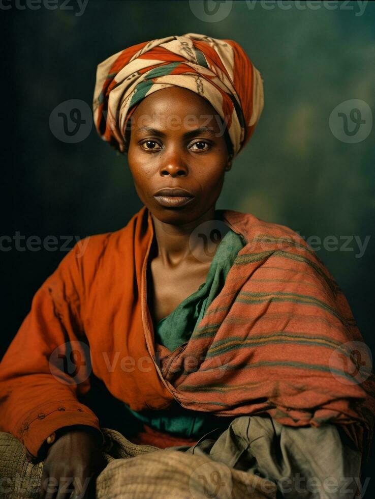 oud gekleurde fotograaf van een zwart vrouw van de vroeg jaren 1900 ai generatief foto