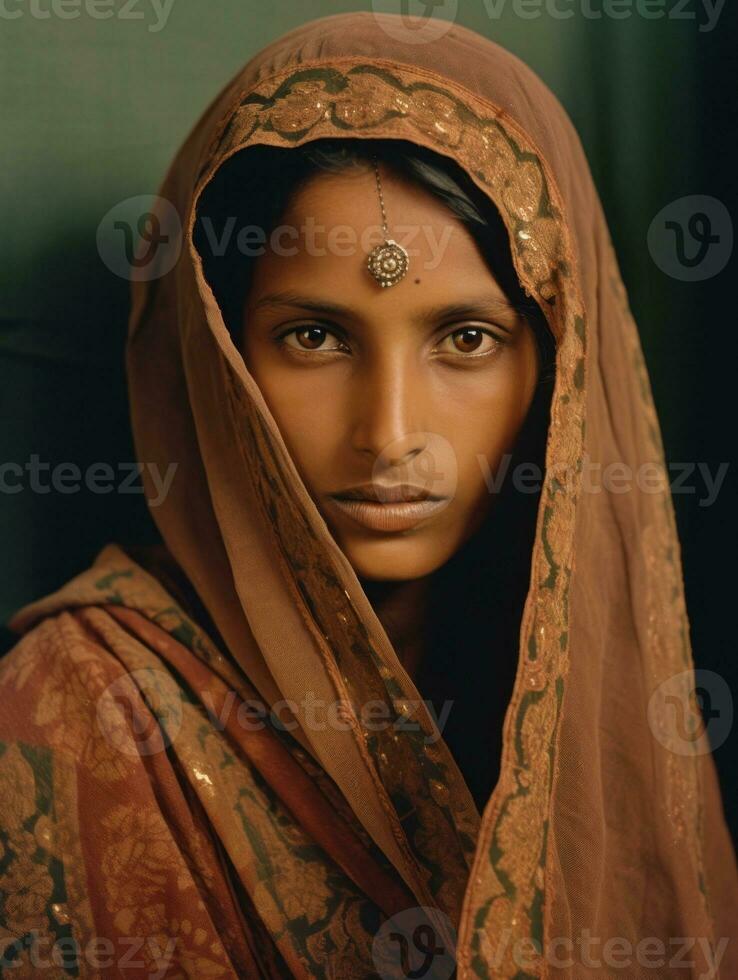 oud gekleurde fotograaf van een Indisch vrouw van de vroeg jaren 1900 ai generatief foto