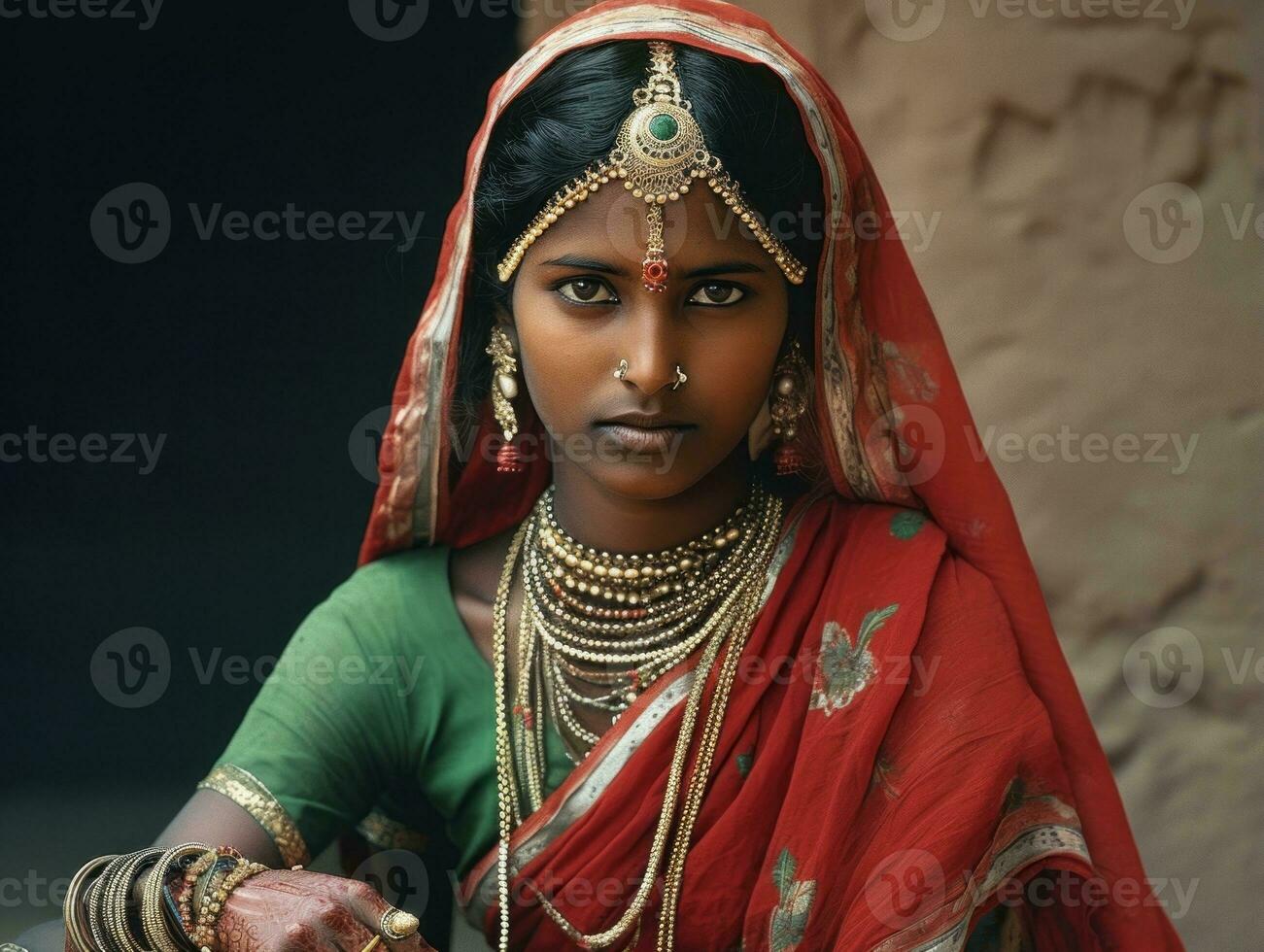 oud gekleurde fotograaf van een Indisch vrouw van de vroeg jaren 1900 ai generatief foto