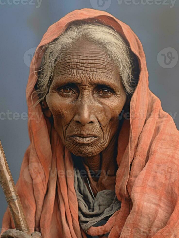 oud gekleurde fotograaf van een Indisch vrouw van de vroeg jaren 1900 ai generatief foto