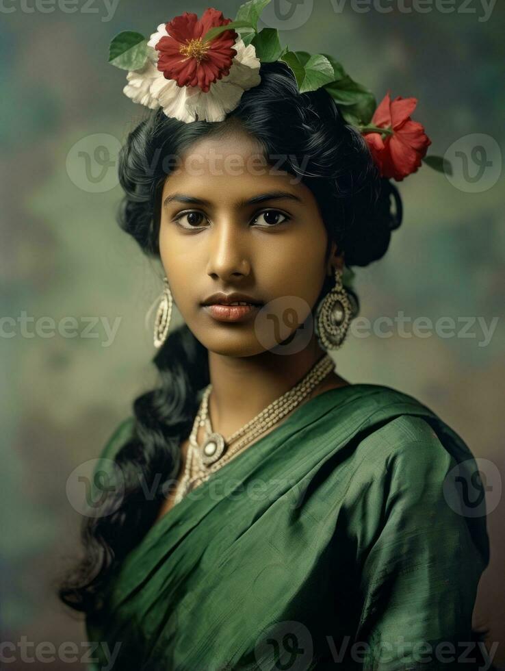 oud gekleurde fotograaf van een Indisch vrouw van de vroeg jaren 1900 ai generatief foto