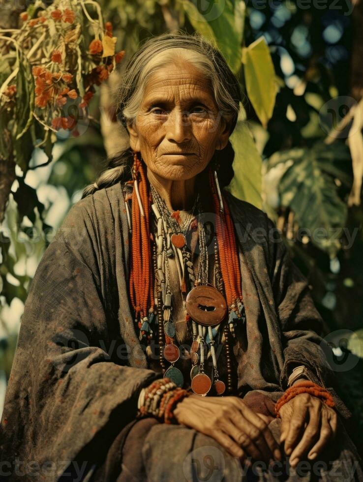 oud gekleurde fotograaf van een Mexicaans vrouw van de vroeg jaren 1900 ai generatief foto