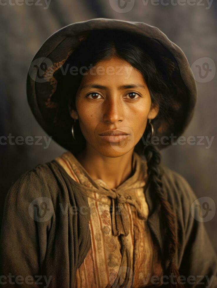 oud gekleurde fotograaf van een Mexicaans vrouw van de vroeg jaren 1900 ai generatief foto