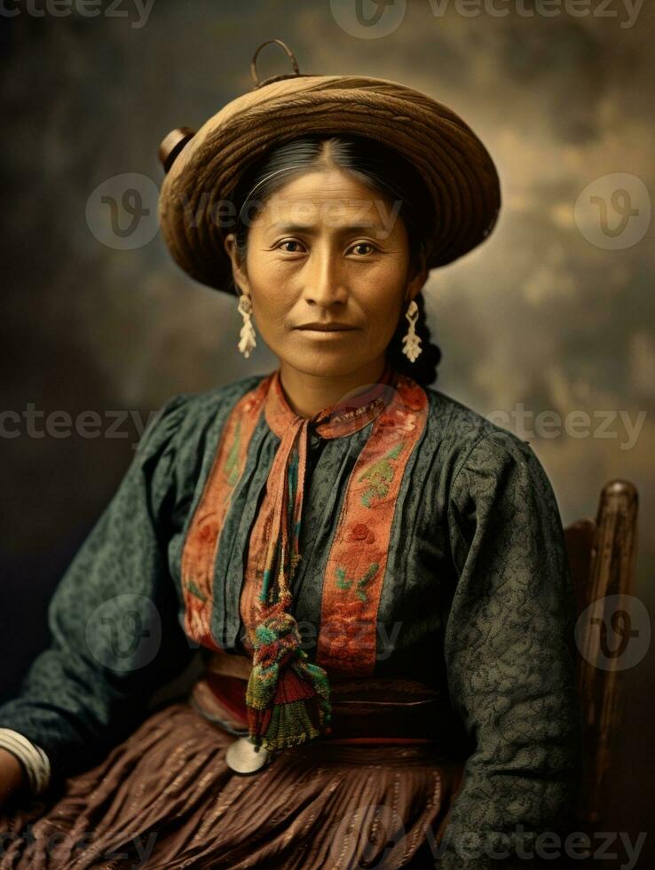 oud gekleurde fotograaf van een Mexicaans vrouw van de vroeg jaren 1900 ai generatief foto