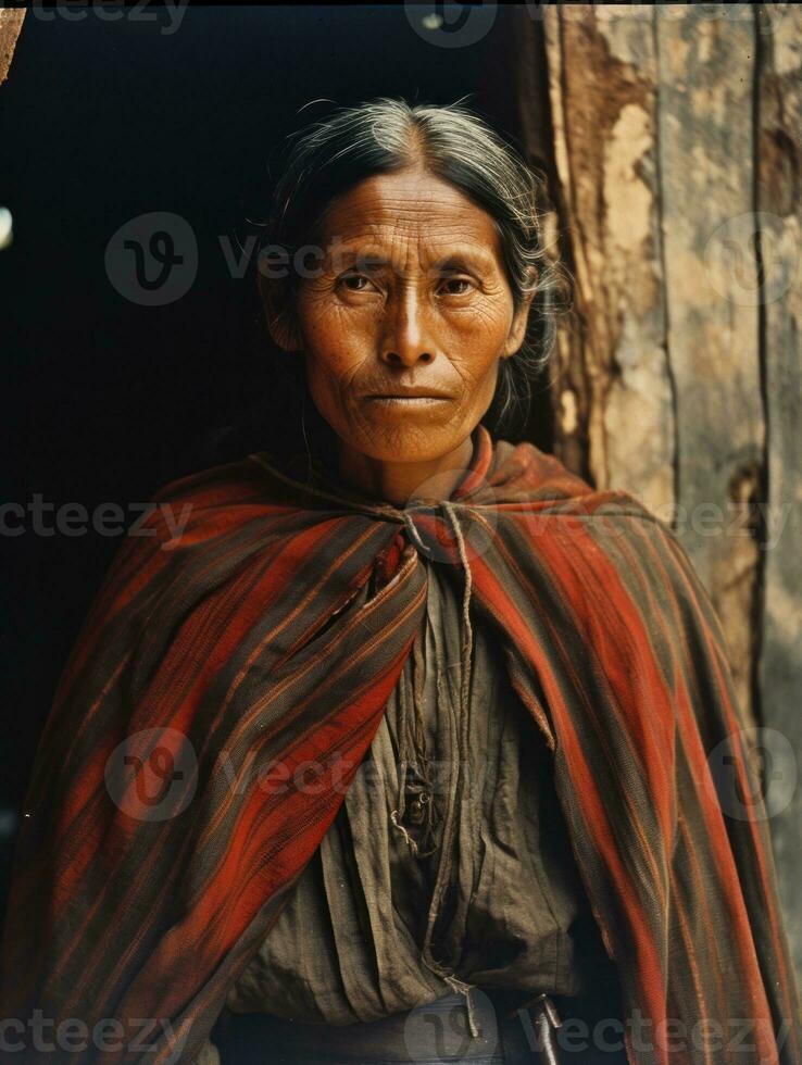 oud gekleurde fotograaf van een Mexicaans vrouw van de vroeg jaren 1900 ai generatief foto